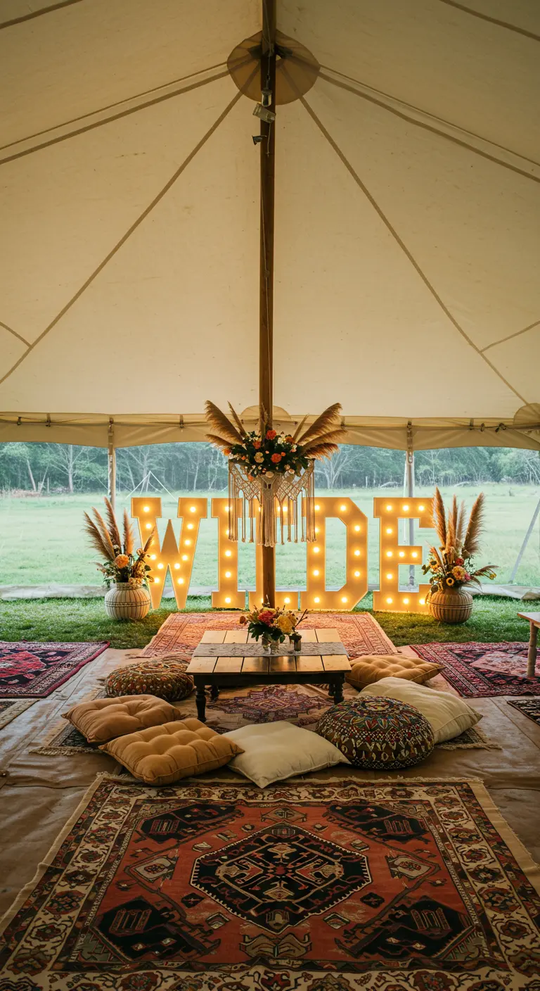 Letras luminosas con un apellido en una carpa de estilo bohemio con cojines y alfombras.