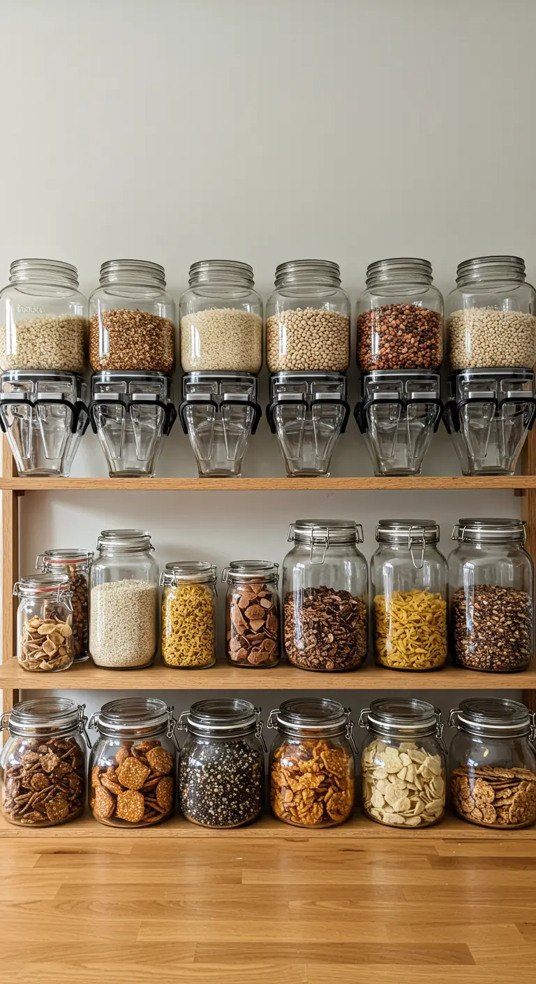 Estanterías de madera con frascos de vidrio y recipientes de plástico apilables llenos de alimentos secos.