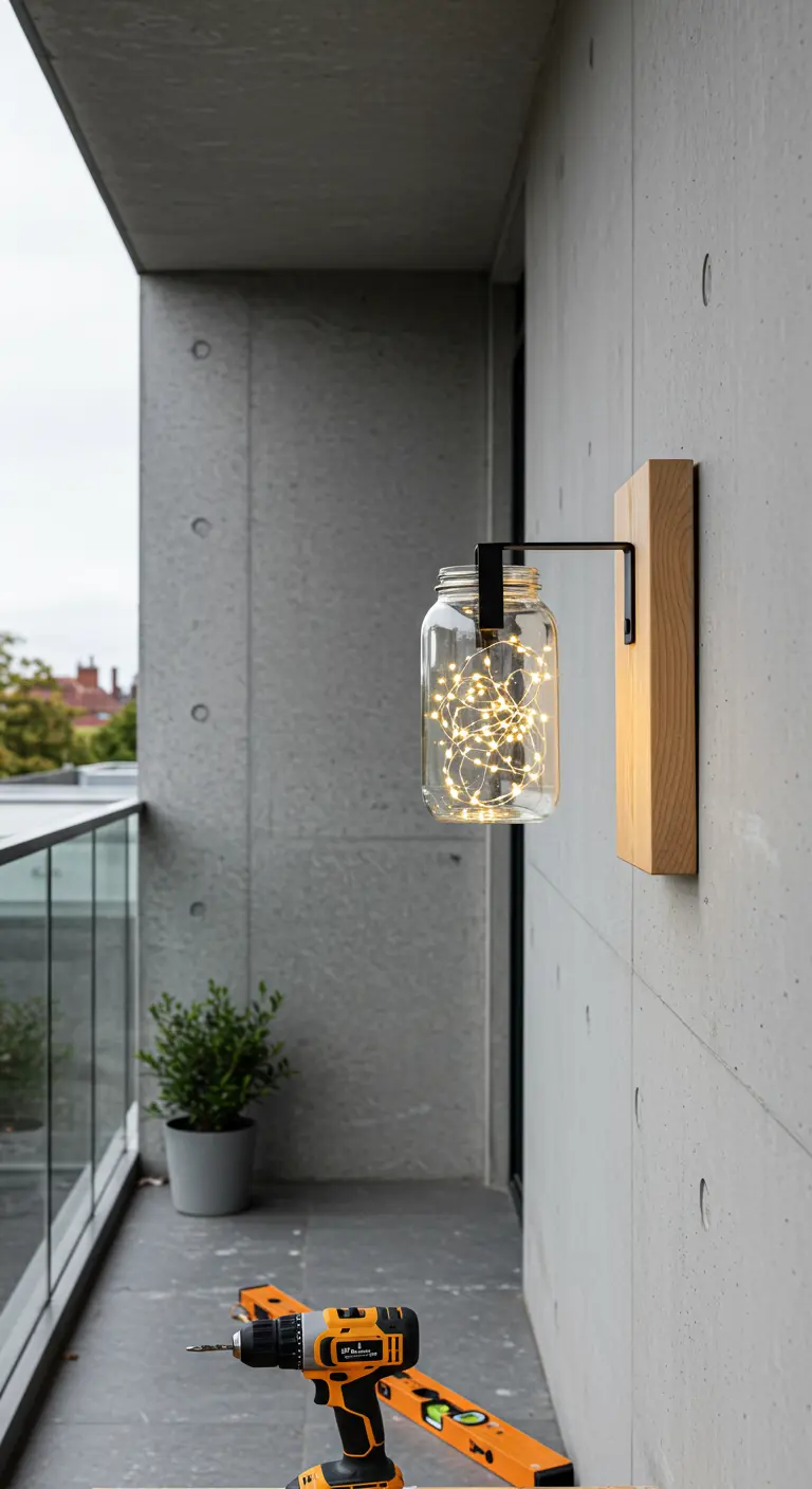 Aplique de pared DIY con un frasco, un soporte de metal negro y una base de madera en un balcón moderno.