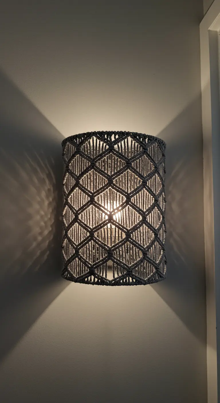 Aplique de pared cilíndrico cubierto con un tejido de macramé de patrón de rombos.