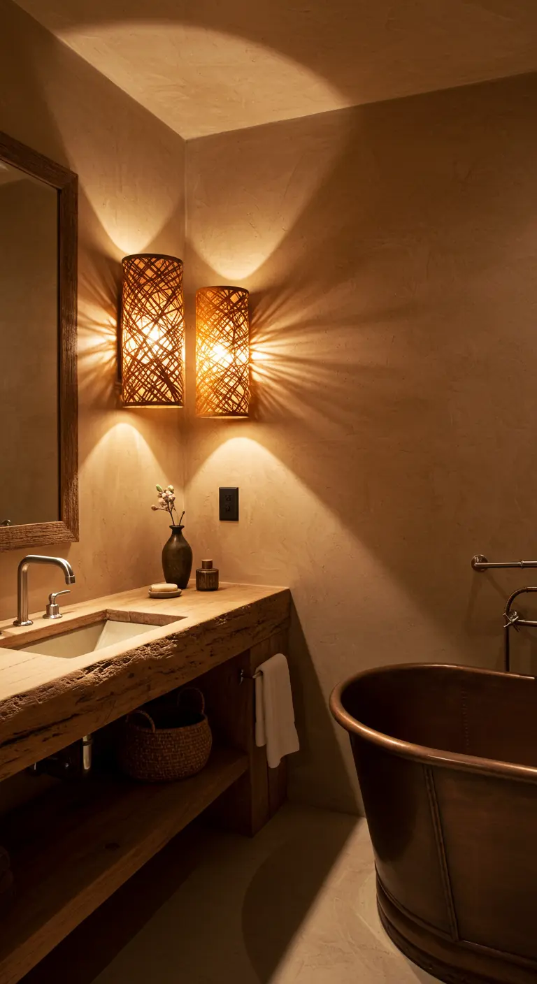 Apliques de pared de bambú tejido que proyectan una luz cálida en un baño rústico.