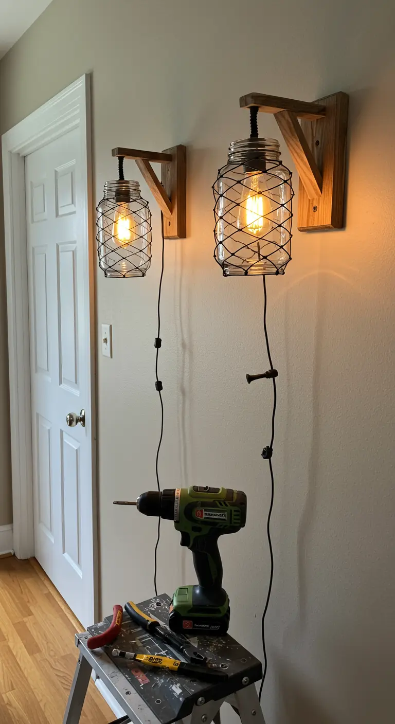 Apliques de pared de estilo industrial hechos con frascos de vidrio, jaulas de alambre y soportes de madera.