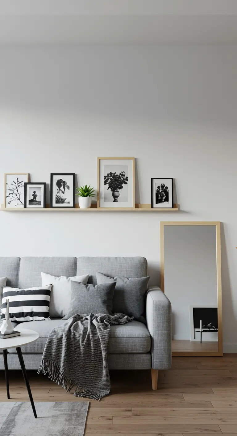 Espejo de cuerpo entero con marco de madera clara apoyado en la pared junto a un sofá gris