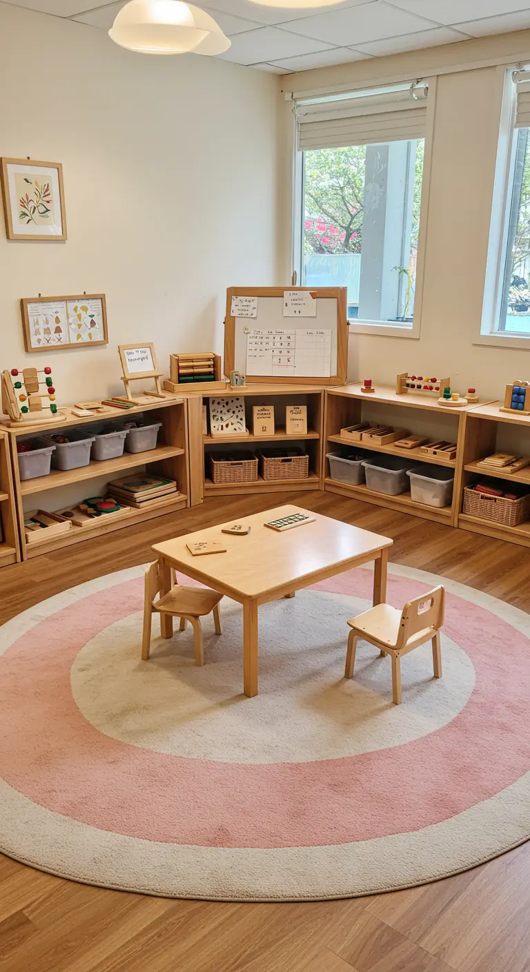 Sala de juegos y estudio estilo Montessori con muebles bajos de madera y alfombra circular.