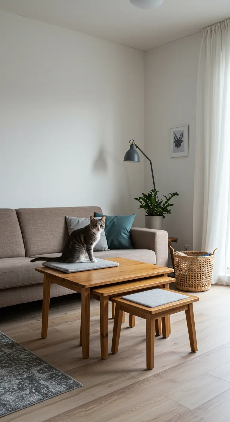 Mesas nido de madera con cojines grises en la superficie, con un gato sentado encima