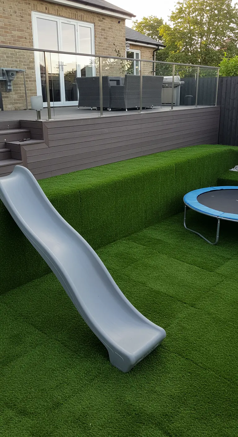 Jardín con terraza elevada y un tobogán que baja por un terraplén cubierto de césped artificial