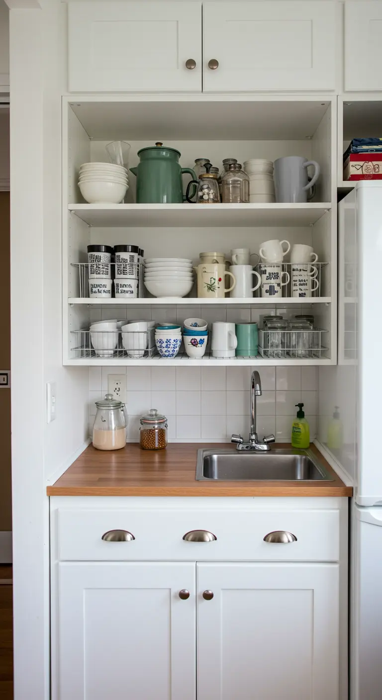 Pequeño hueco sobre el fregadero con estanterías blancas llenas de tazas, boles y cestas de rejilla.