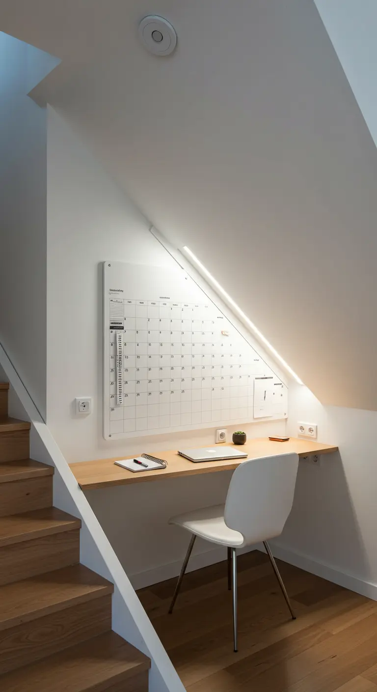 Oficina minimalista instalada bajo el hueco de una escalera con pizarra blanca a medida.
