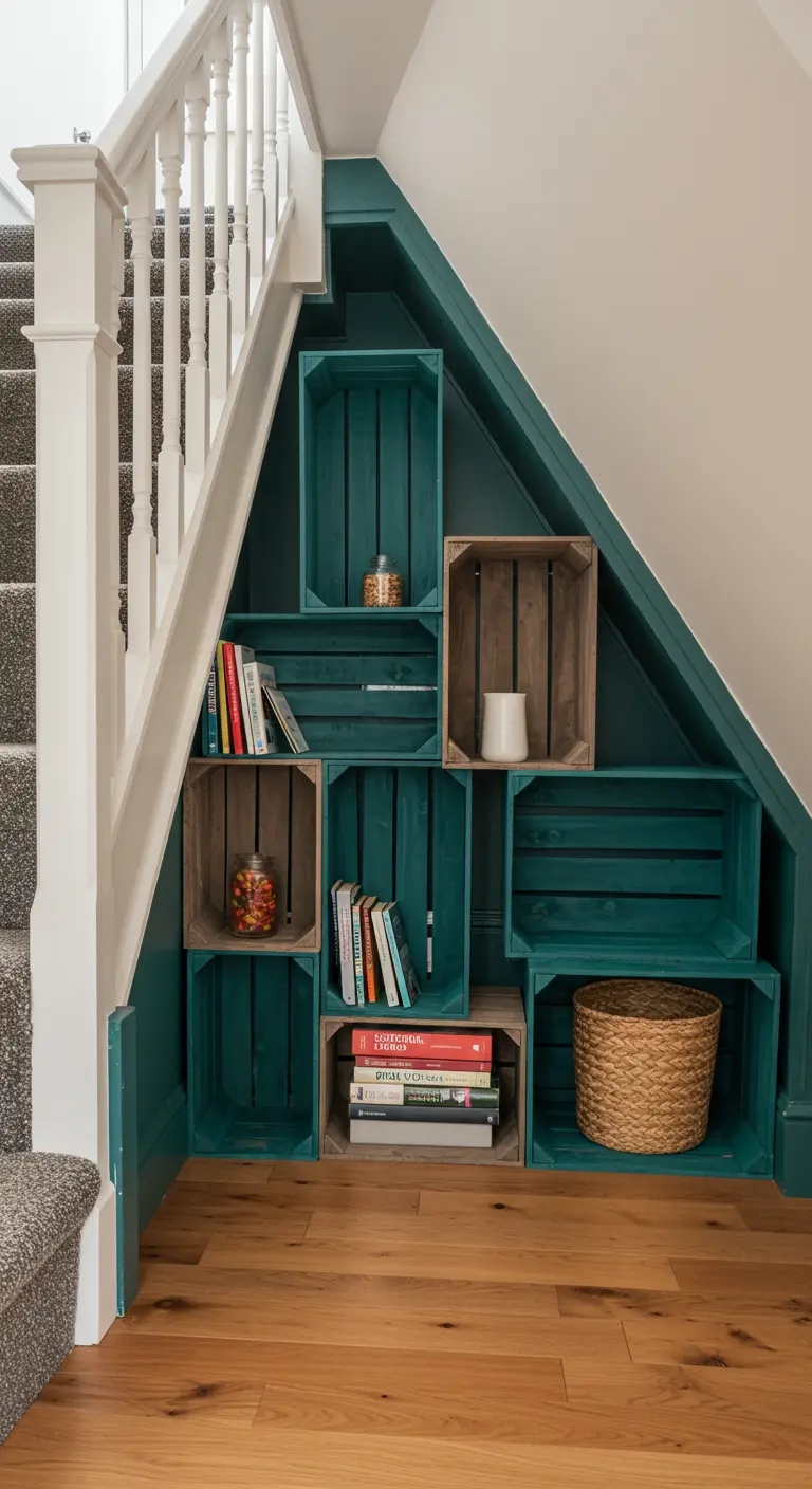 Librería a medida bajo una escalera hecha con cajas de madera en tonos verde y natural.