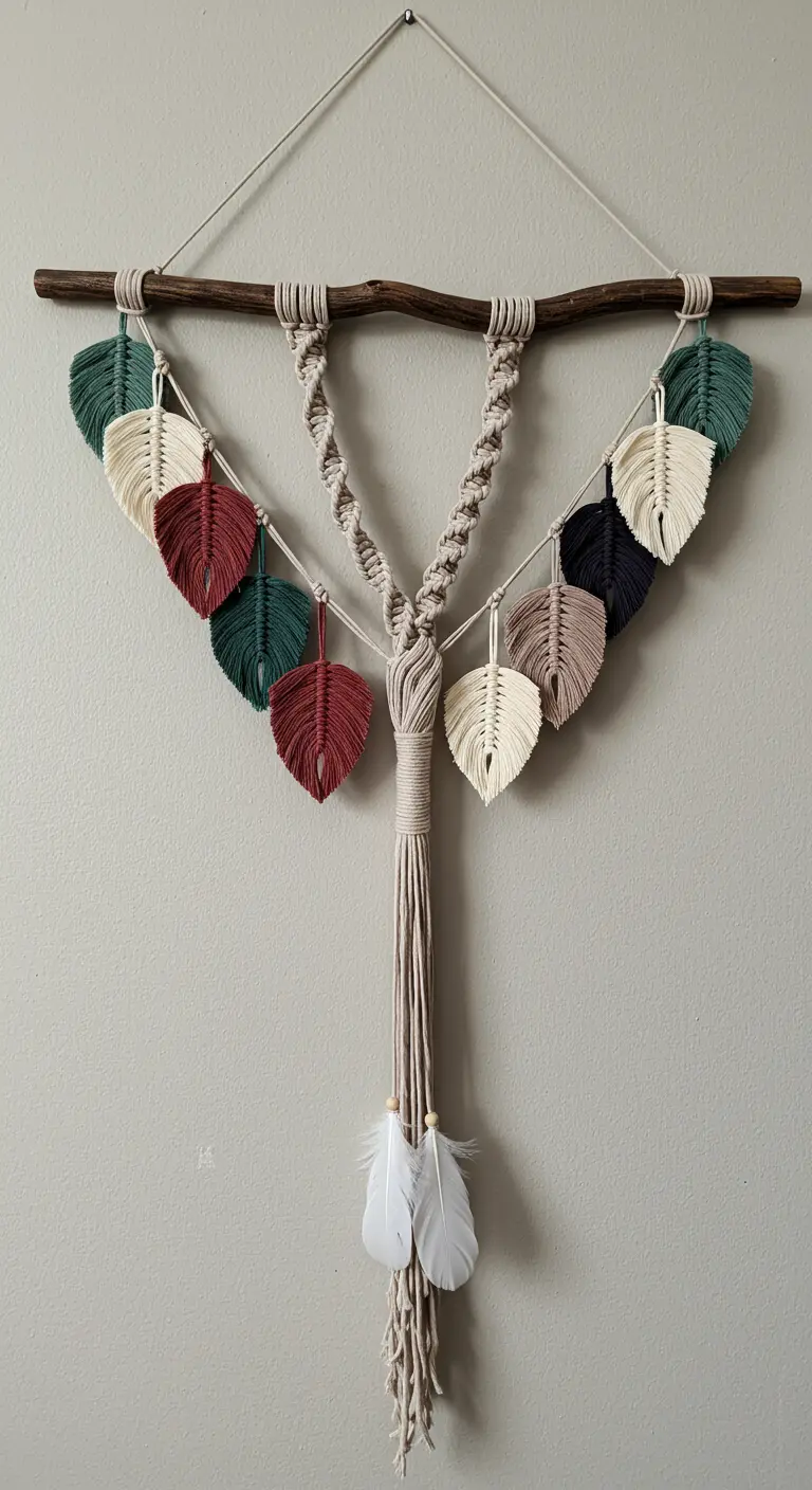 Tapiz de macramé con forma de árbol y hojas de colores colgando de las ramas