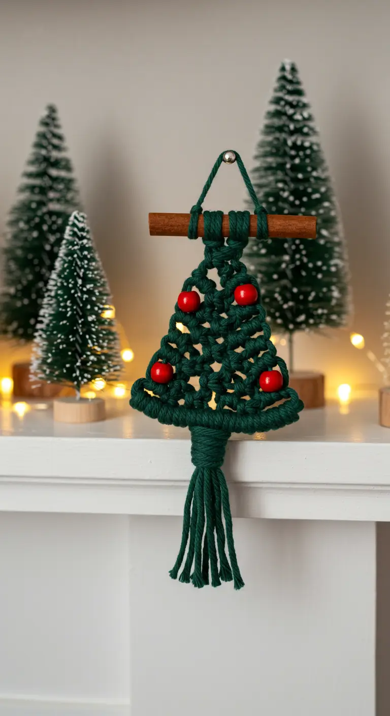 Adorno de macramé en forma de árbol de Navidad verde con bolas rojas, sobre una repisa blanca.