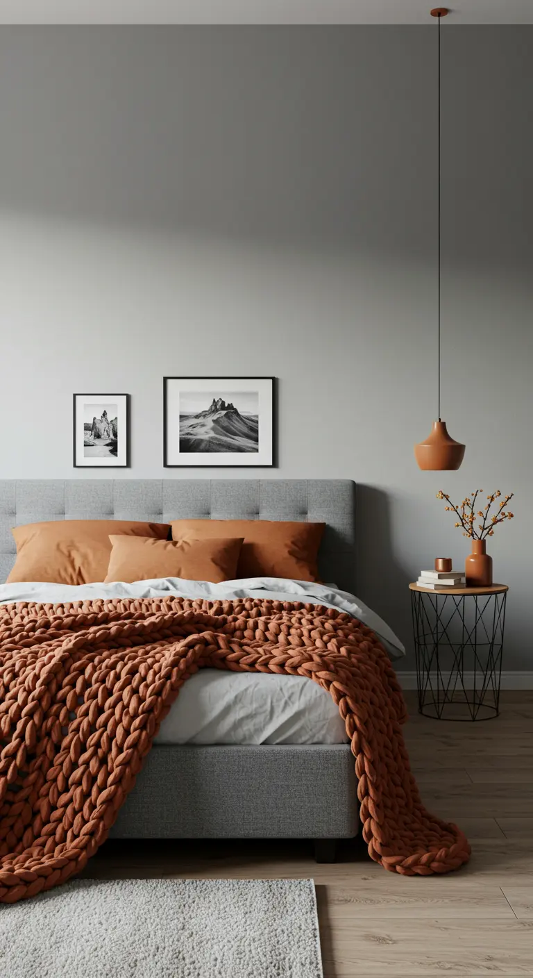Dormitorio con cama tapizada en gris y una gran manta de punto grueso color arcilla.