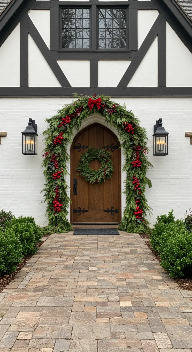Entrada con un arco espectacular de guirnaldas de pino y bayas sobre una puerta de madera.