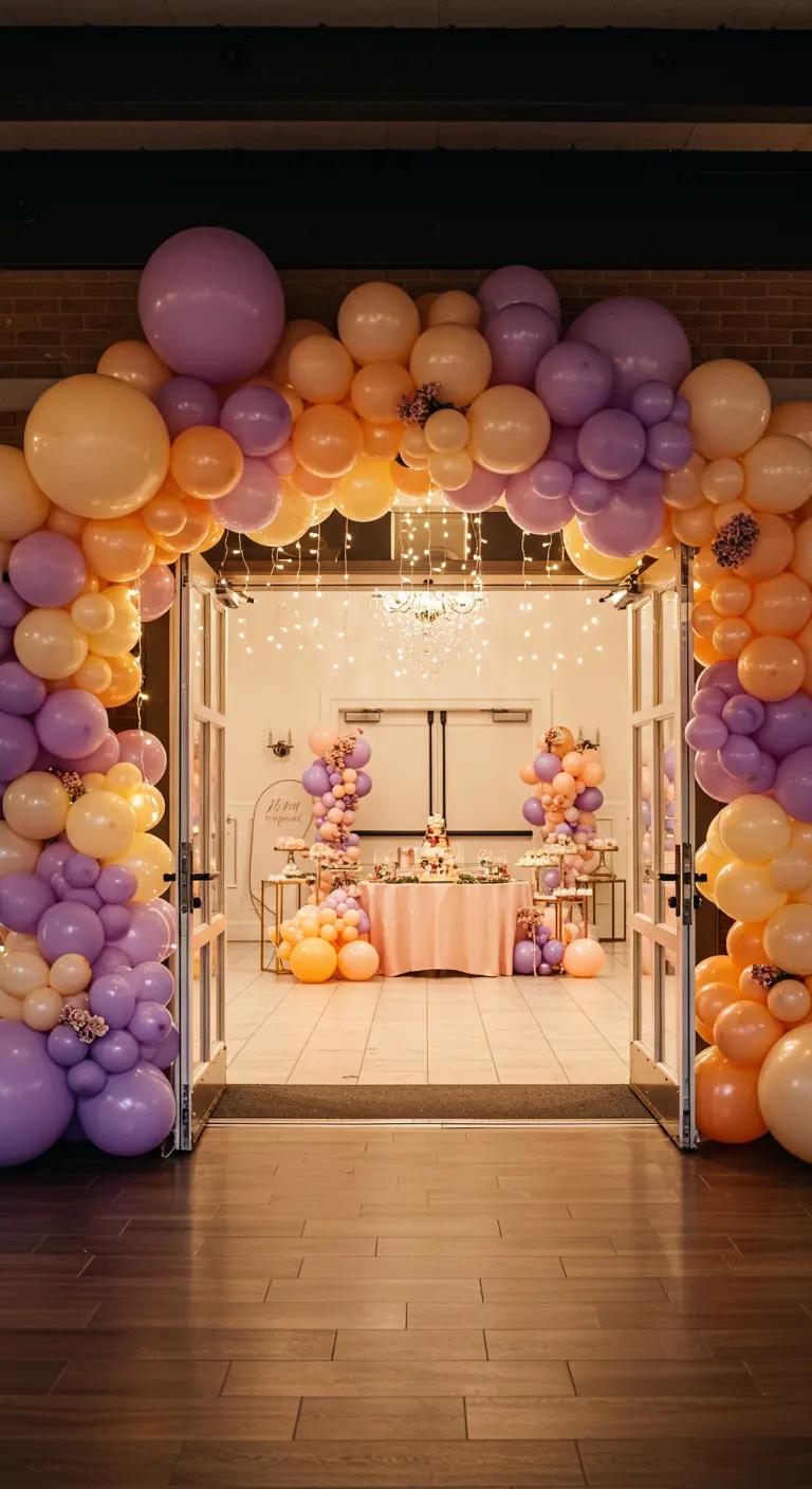 Impresionante arco de globos en tonos pastel que enmarca una puerta, con luces de hadas entrelazadas.
