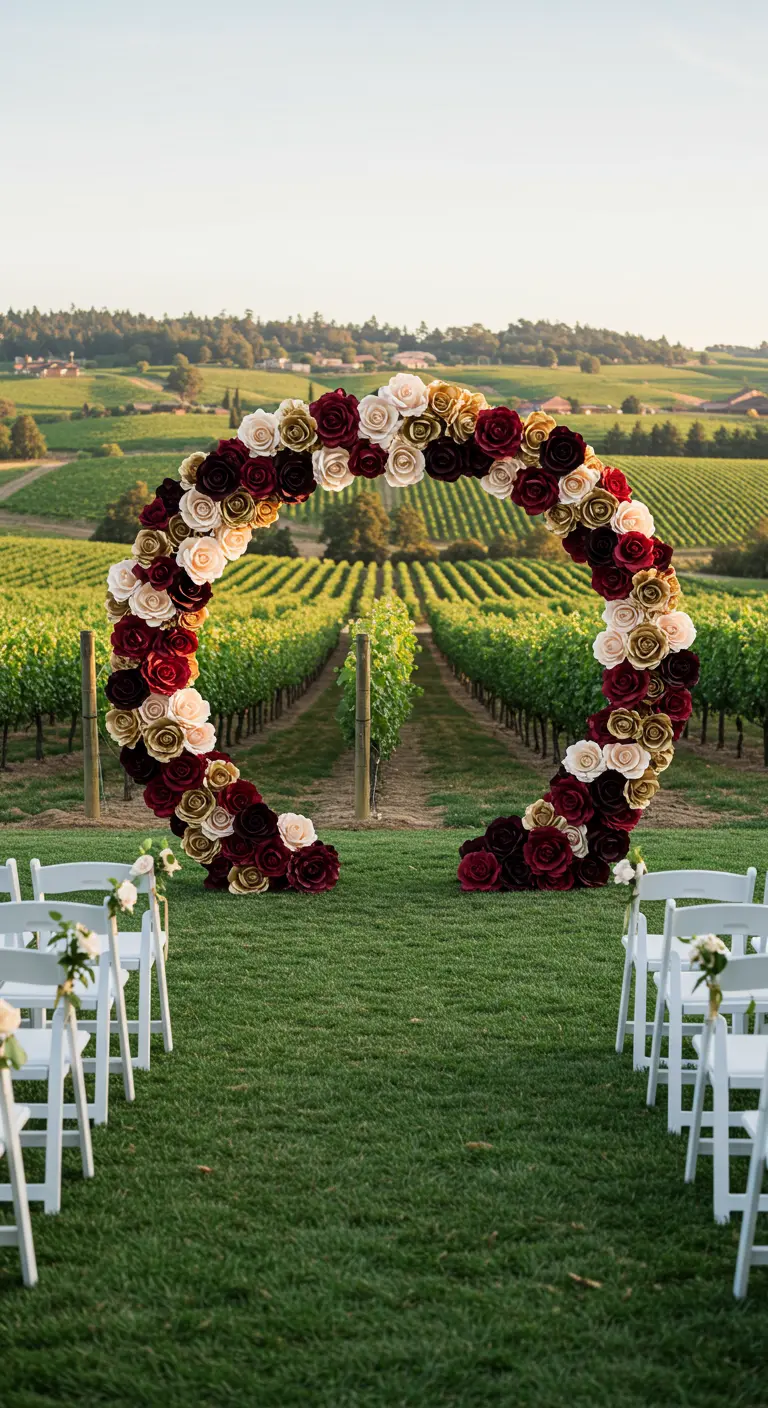 Arco de boda circular cubierto de rosas de papel en tonos vino, crema y dorado.