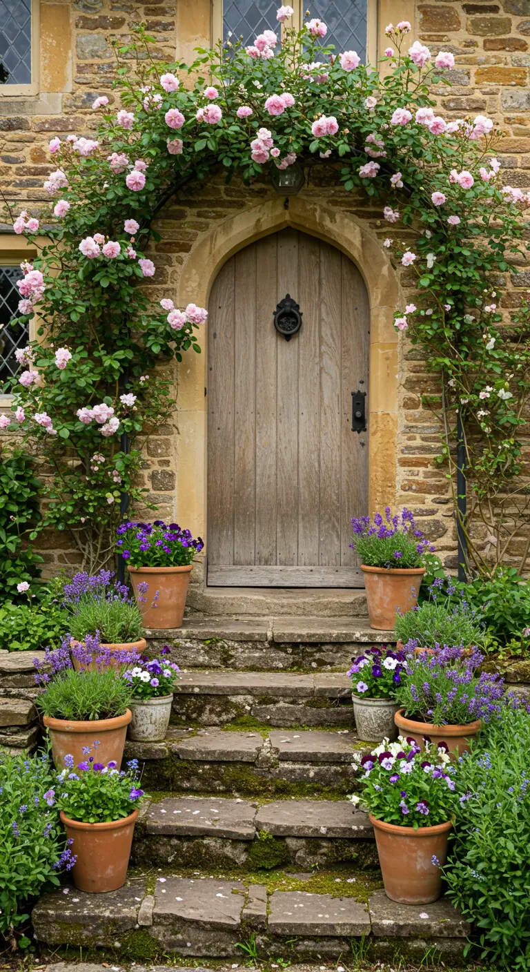 Puerta de madera rústica enmarcada por un arco de rosas trepadoras rosadas.