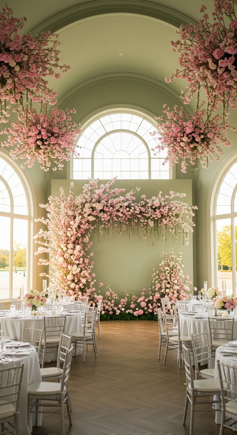 Salón de eventos con un gran arco de flores de cerezo rosa en una pared verde salvia.