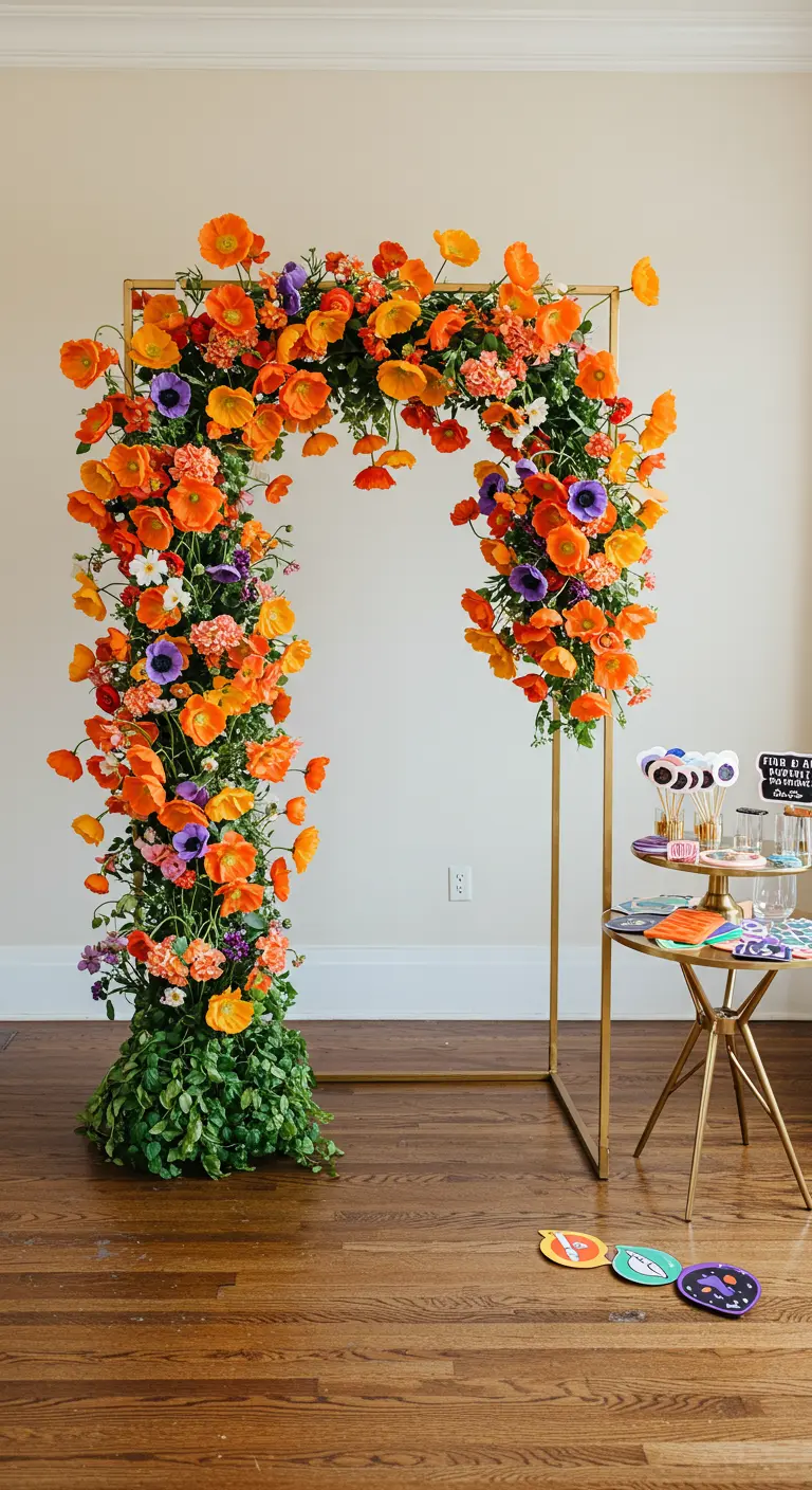 Arco dorado moderno decorado asimétricamente con flores naranjas y moradas.