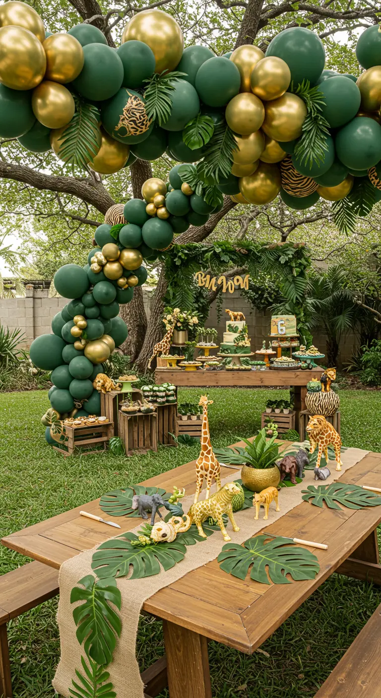 Arco de globos verdes y dorados sobre una mesa de postres en un jardín para una fiesta safari.