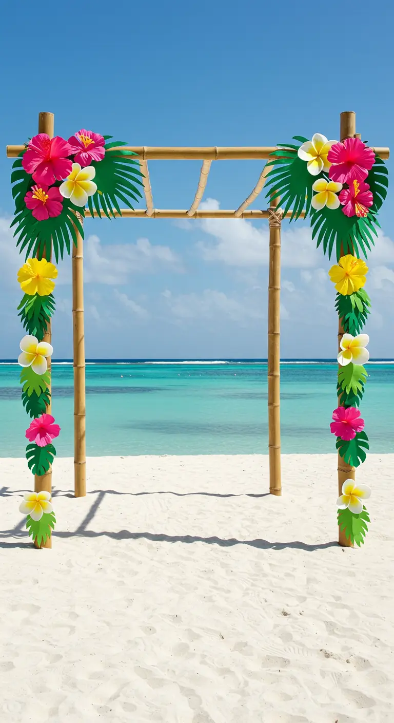 Arco de bambú en la playa decorado con grandes flores de papel y hojas tropicales.