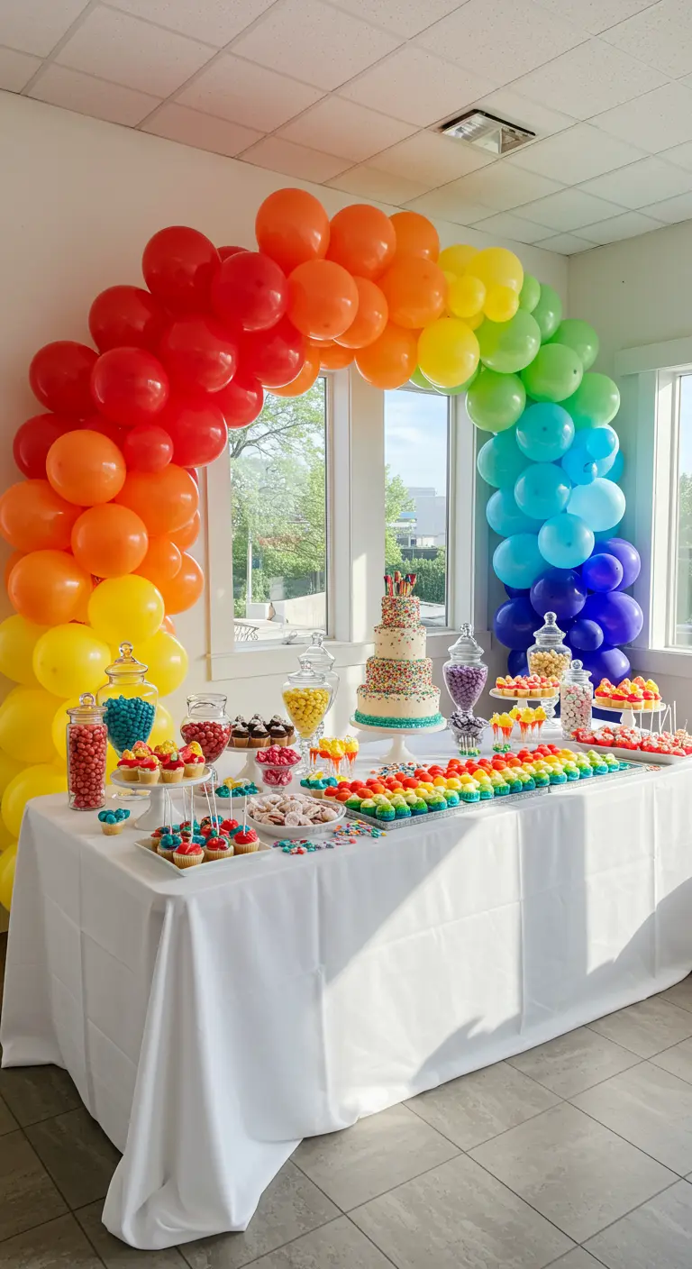 Mesa de postres con un gran arco de globos en colores vivos del arcoíris.