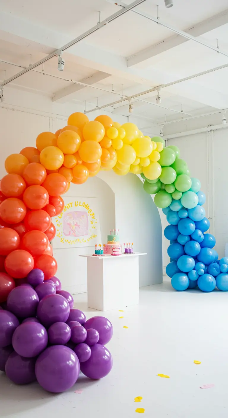 Un enorme arco de globos con los colores del arcoíris en una sala blanca.