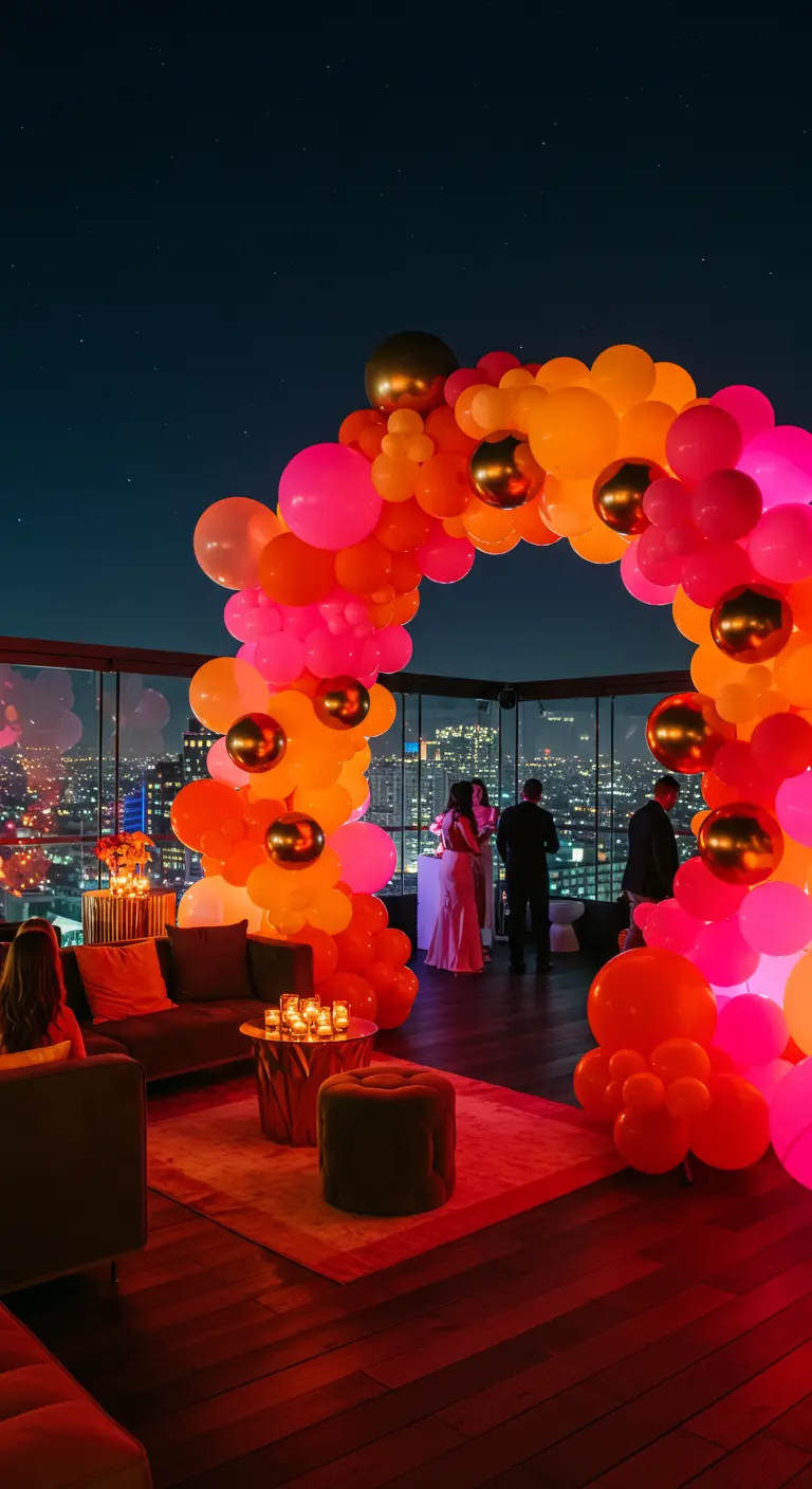 Arco de globos vibrantes en rosa, naranja y dorado en una fiesta en una azotea.