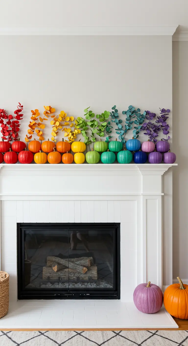 Repisa de chimenea blanca con calabazas y eucalipto organizados en un degradado de arcoíris.