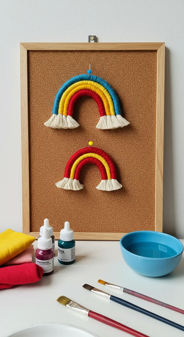Dos arcoíris de macramé de colores vivos colgados en un tablero de corcho, con materiales de arte.