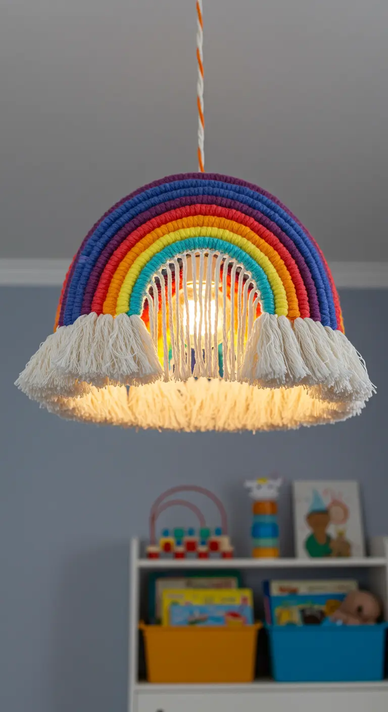 Lámpara de macramé con forma de arcoíris y nubes de flecos blancos.