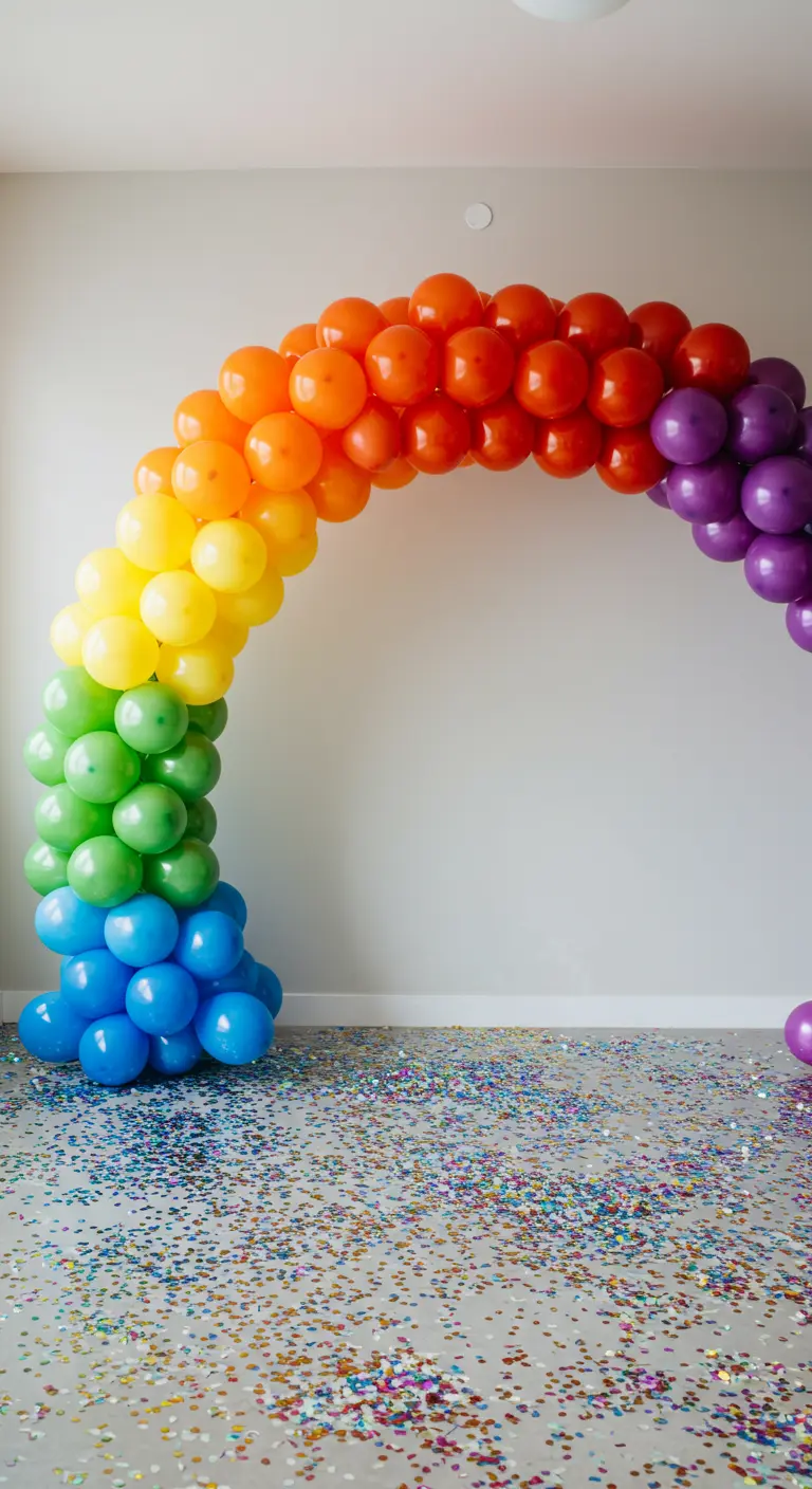 Un arco completo de globos de los colores del arcoíris sobre un suelo de confeti brillante.
