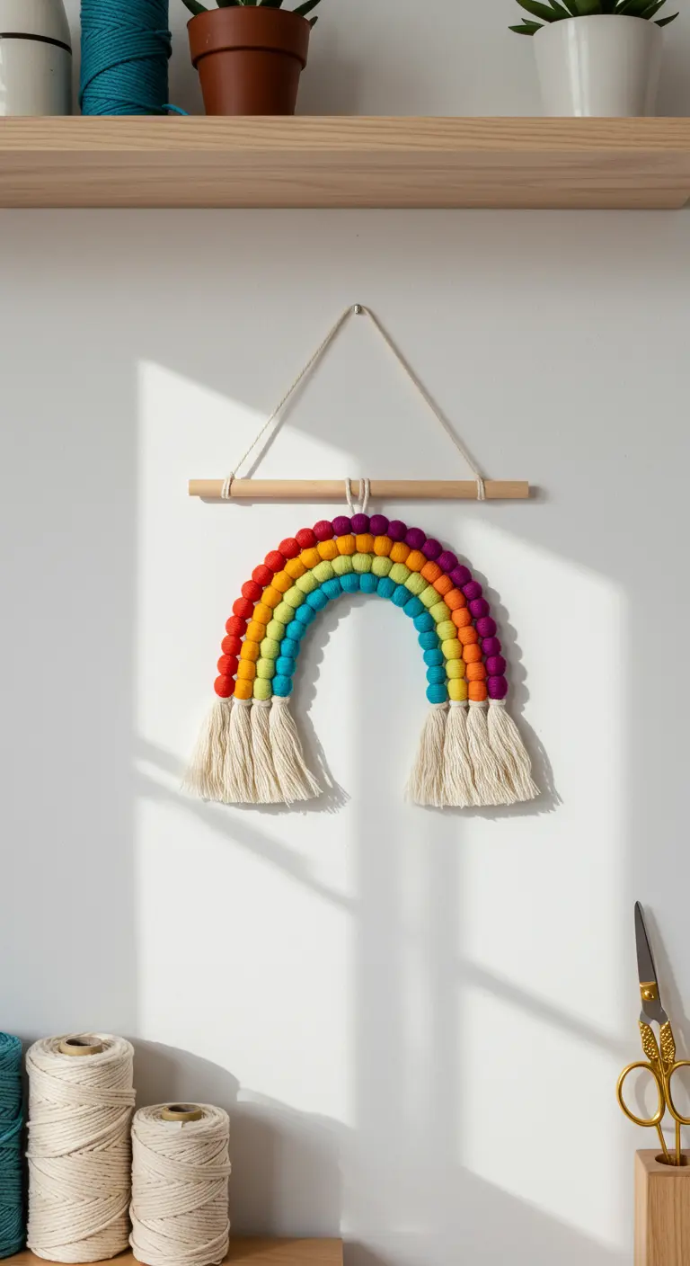 Tapiz de arcoíris hecho con bolas de fieltro de colores y flecos de algodón.