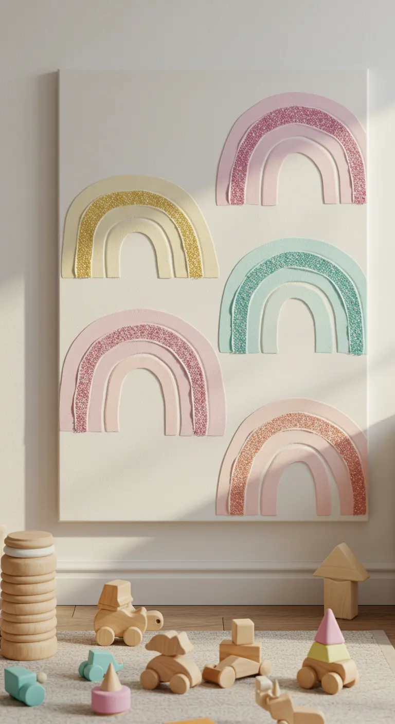 Cuadro con múltiples arcoíris de yeso en colores pastel y detalles de purpurina