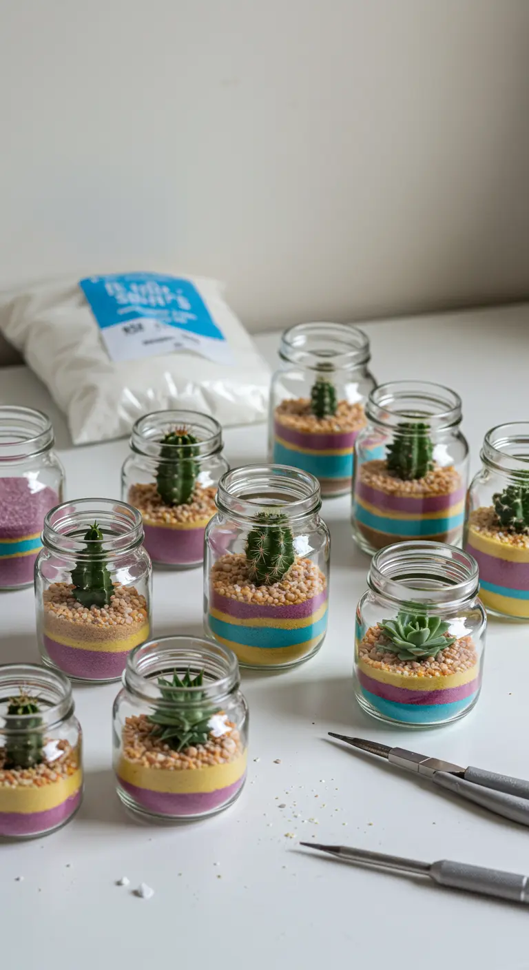 Varios frascos pequeños con capas de arena de colores y un mini cactus o suculenta en la parte superior.