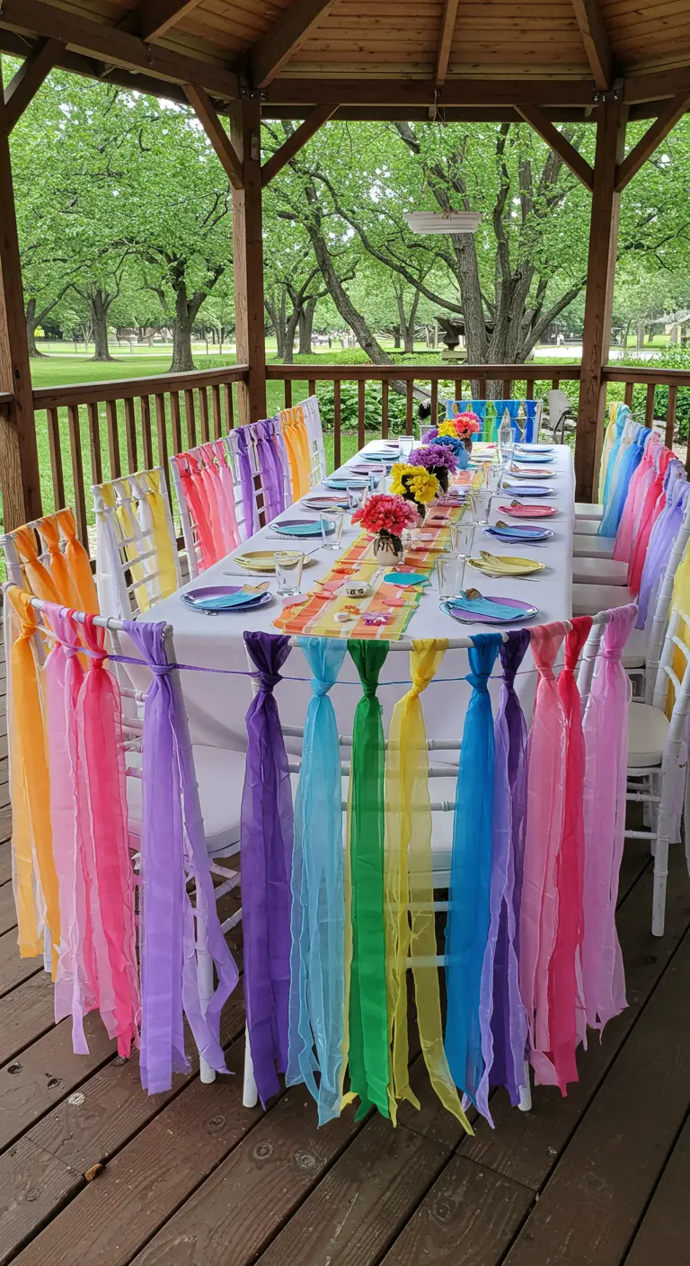 Sillas blancas bajo una pérgola conectadas por una guirnalda de telas de colores del arcoíris.