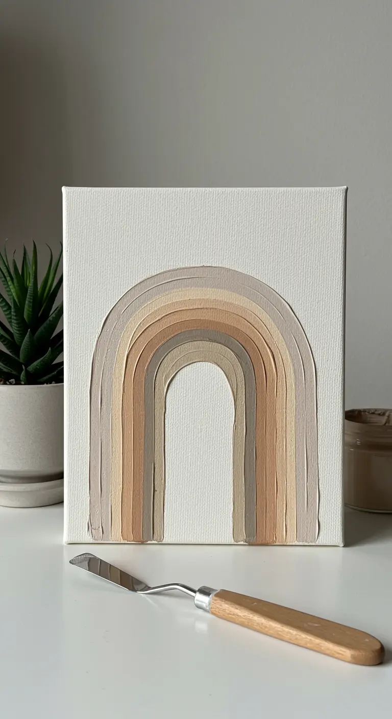 Pequeño cuadro con un arcoíris texturizado en colores neutros.