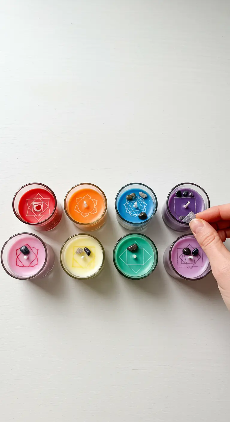 Mano colocando cristales en un set de ocho pequeñas velas de colores del arcoíris