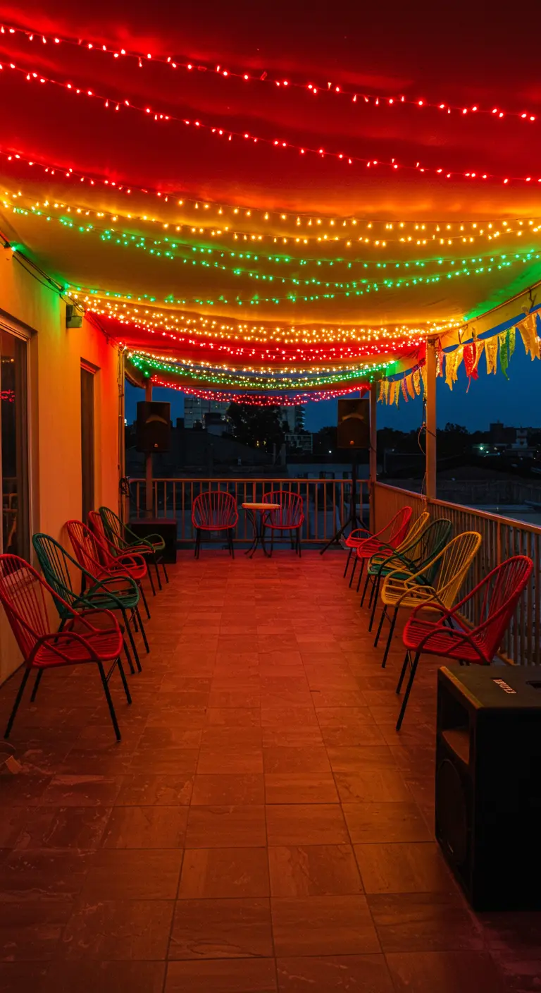 Terraza alargada con un techo cubierto de guirnaldas de luces LED rojas, amarillas y verdes, lista para una fiesta