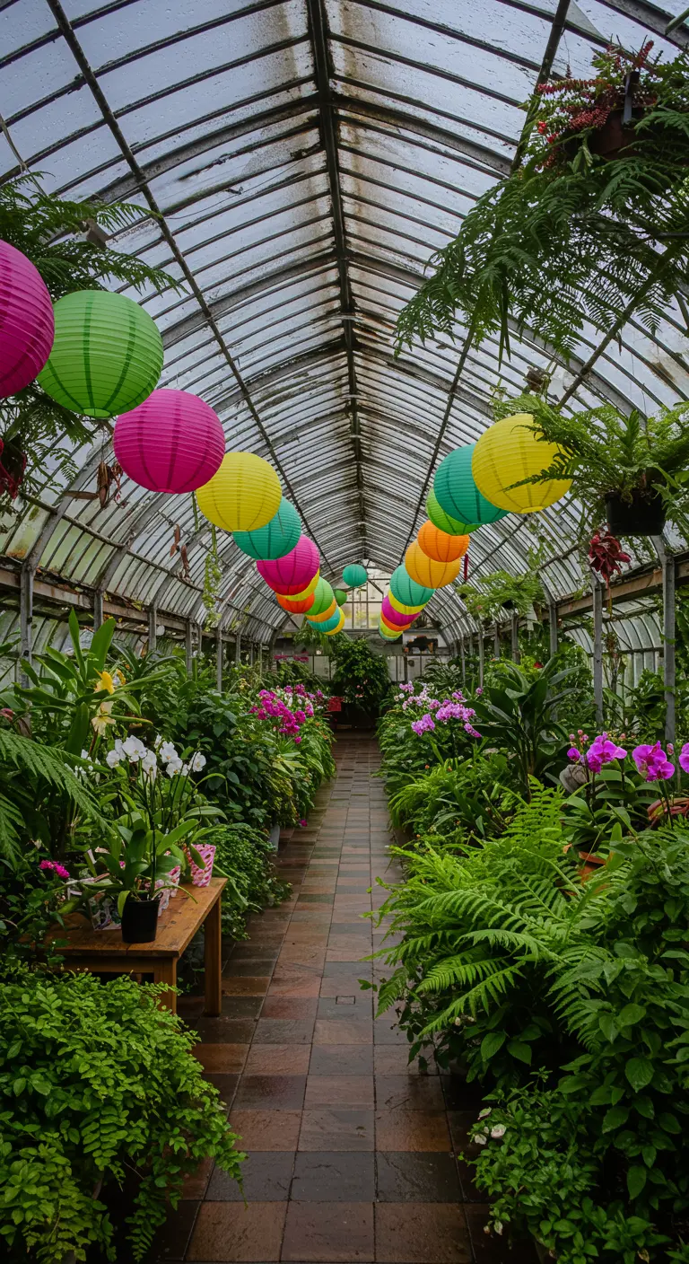 Pasillo de un invernadero decorado con una larga guirnalda de lámparas de papel de colores.