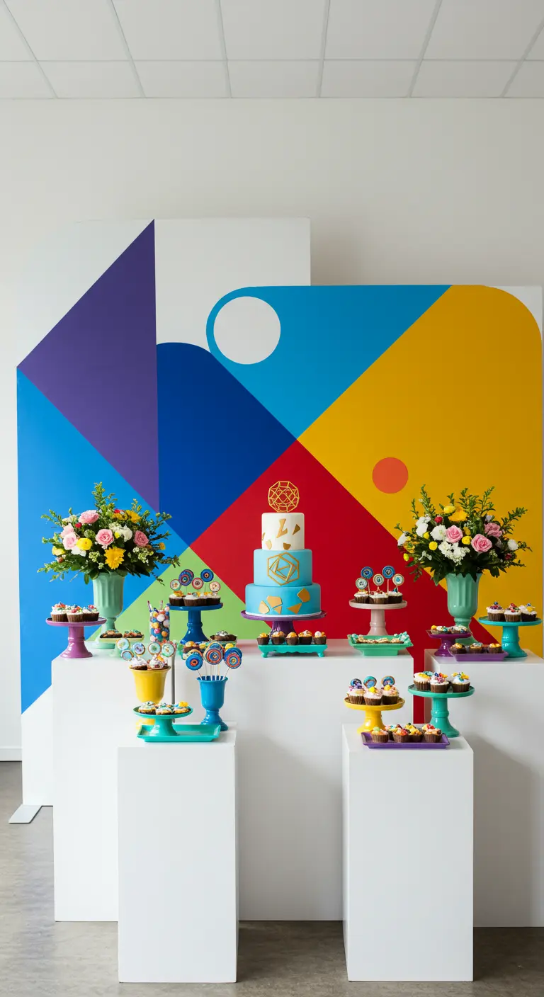 Mesa de postres con un fondo de arte abstracto y geométrico de colores.