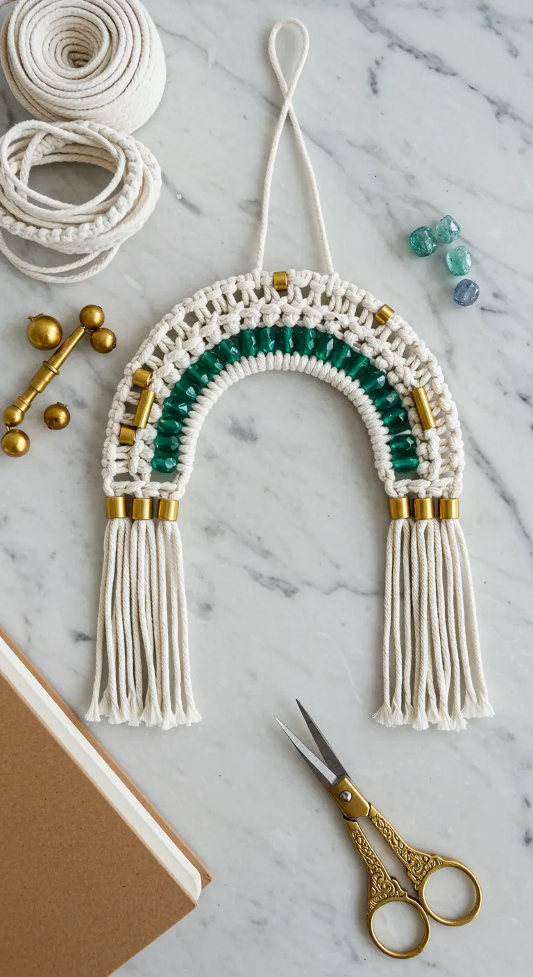 Tapiz de macramé en forma de arcoíris con cuentas verdes y doradas.