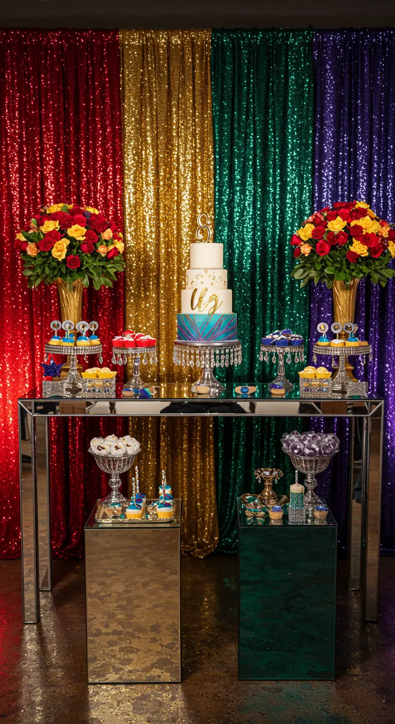 Mesa de postres elegante con un fondo de cortinas de lentejuelas de colores.