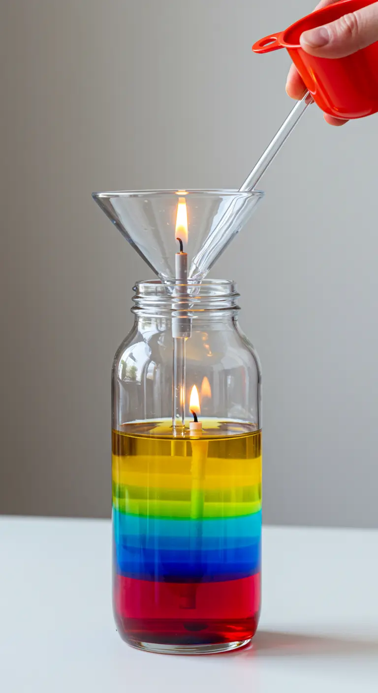 Lámpara de aceite en un frasco con capas de líquidos de colores formando un arcoíris.