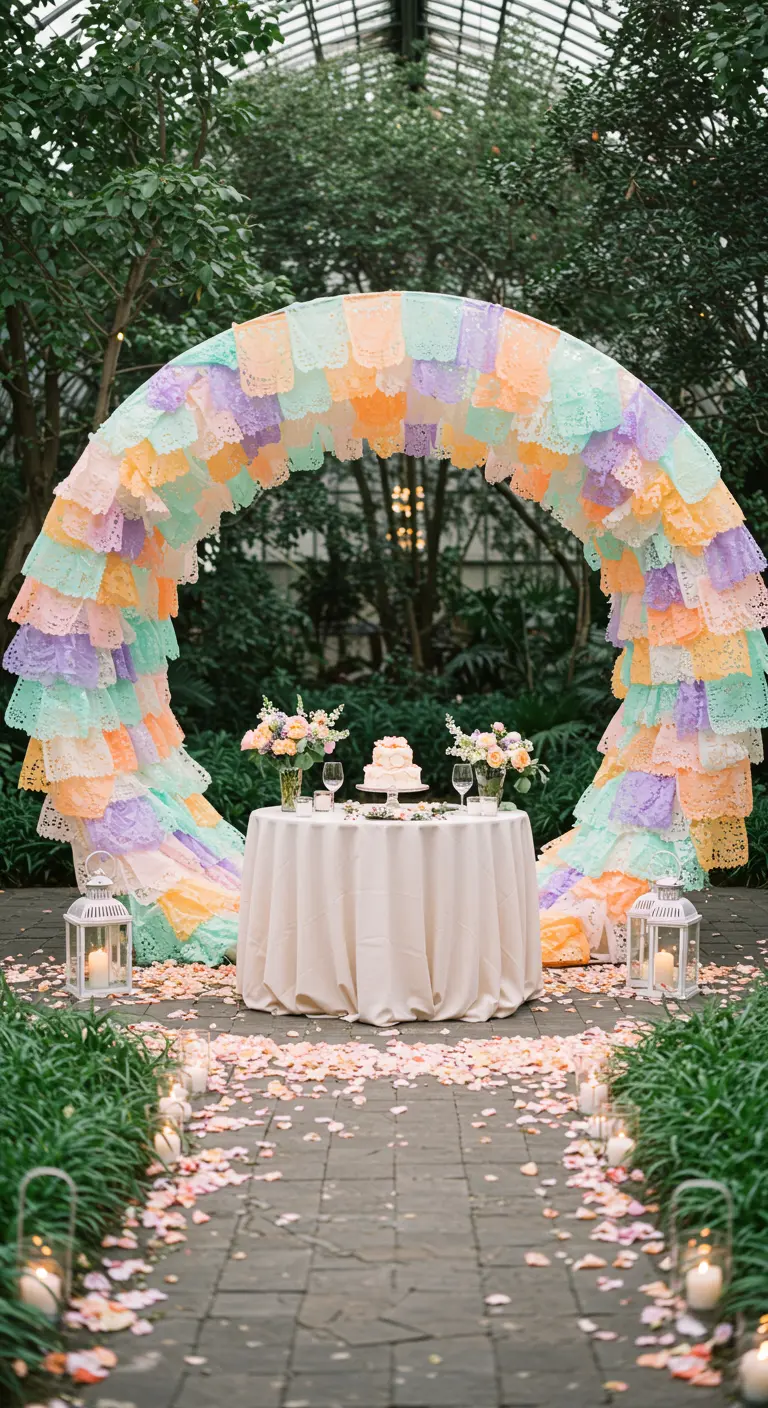 Mesa de tarta de boda enmarcada por un arco cubierto de papel picado en tonos pastel.