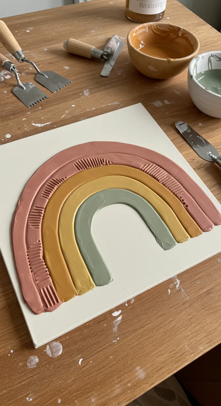 Proceso de creación de un arcoíris en relieve con colores tierra