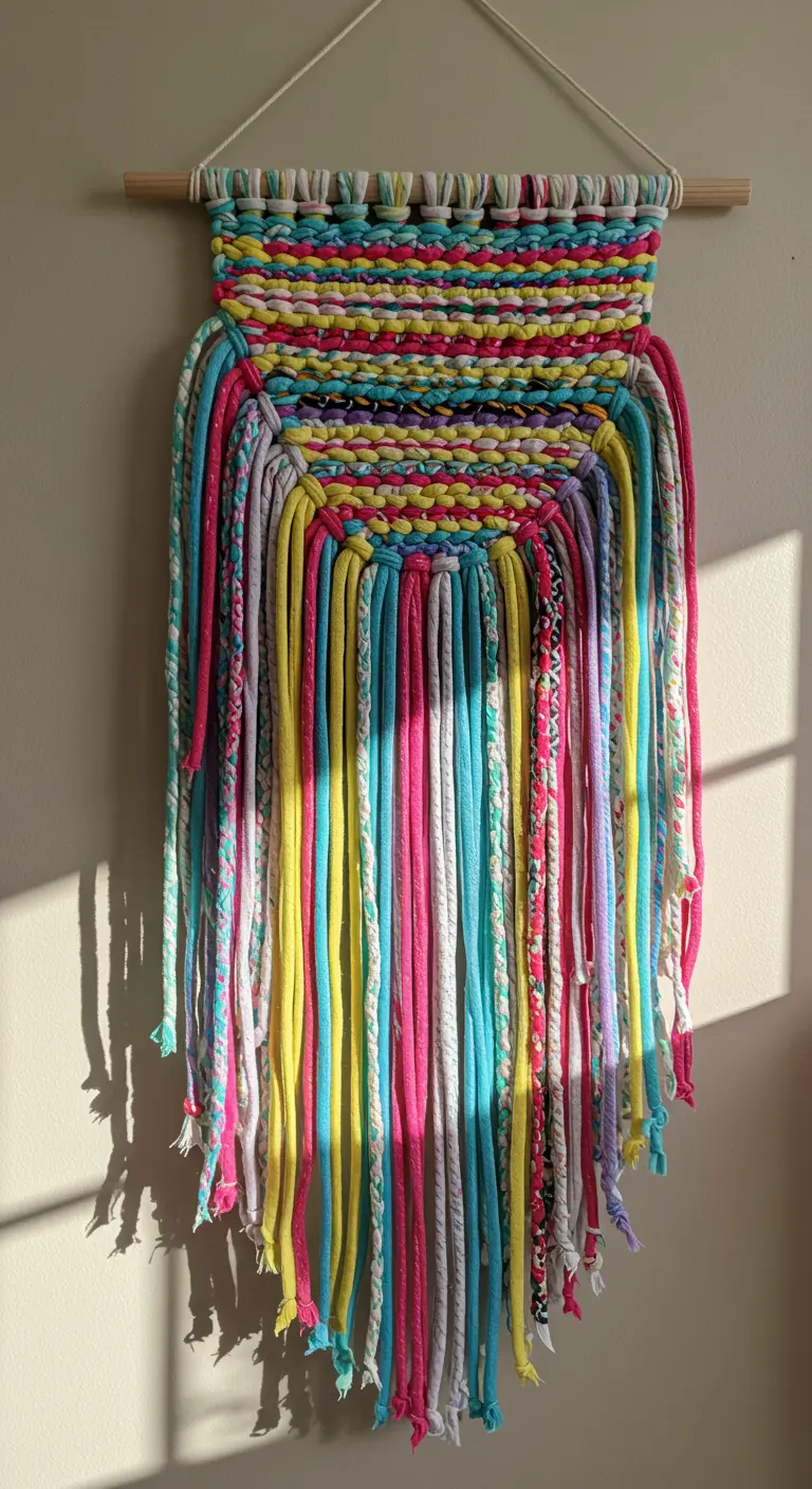 Tapiz de macramé muy colorido hecho con una mezcla de diferentes tipos de hilos y lanas de colores vivos.