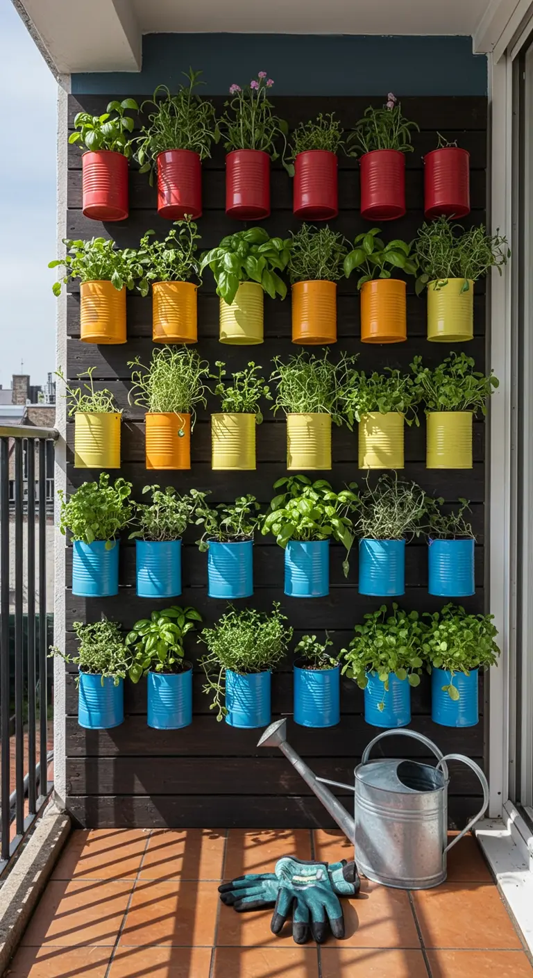 Jardín vertical en un balcón con latas pintadas en un degradado de colores del arcoíris.