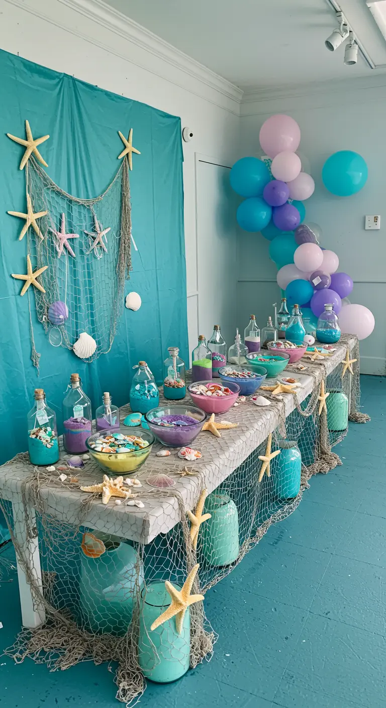 Mesa de actividades con botellas y arena de colores para una fiesta de sirenas.