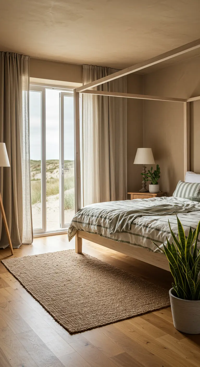 Dormitorio con paredes color arena, cama con dosel de madera y ropa de cama a rayas verde salvia.