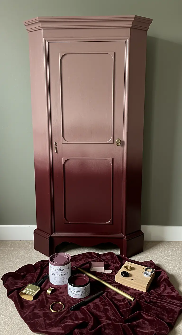 Armario esquinero alto pintado con un degradado de color vino oscuro a rosa pálido.